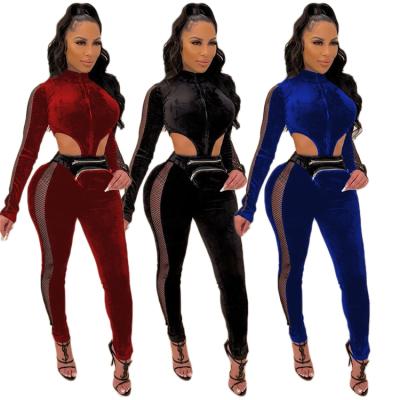 China New Arrival Anti-pilling Ladies Club Rompers Long Sleeve Mesh Patchwork Fall Women Bodycon Velvet Overalls for sale