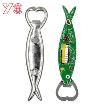 China Zonc Alloy Badge Portugal Lisbon Fish Shape Custom Zinc Alloy Silver Fridge Magnet Opener for sale