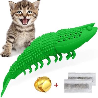 China Kinyu Viable Catnip Bell Inside Teeth Cleaning Pet Products Shrimp Shape Natural Rubber Cat Nip Interactive Toy for sale