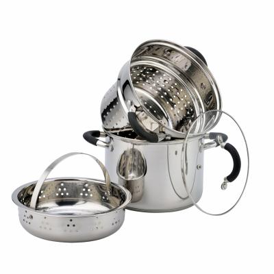 China Sustainable Silicone Handle Stainless Steel Pasta Cooking Pot Set With Strainer for sale