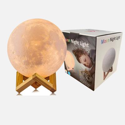 China 8cm Modern 3D Moon Lamp Button Battery Night Light 7 Colors Moon Light With Wooden Stand Kids Gift Moon Lamp for sale