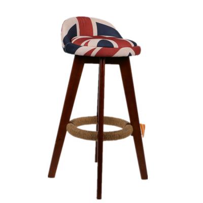 China Antique British Style Fabric Cafe Restaurant Wooden Style Bar Chair With Wooden Leg for sale