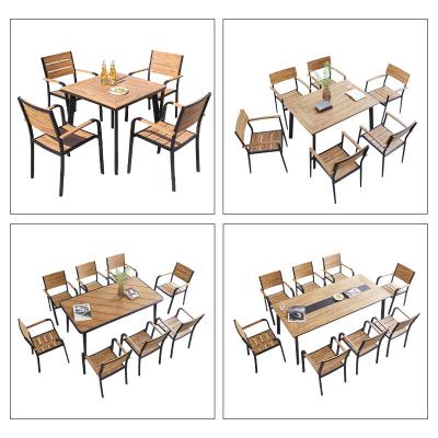 China Modern Outdoor Garden Aluminum Frame Teak Color Dining Waterproof Stack Table And Chairs Sets Plastic Wood Furniture for sale