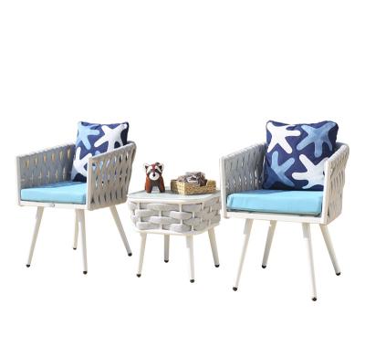 China Modern Blue All Weather Cushion Waterproof Sky Rope Woven Table And Chairs Coffee Table Set for sale