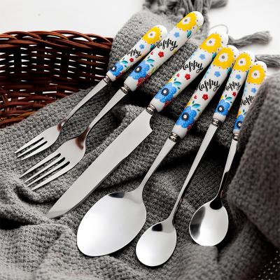 China Sustainable Wholesale Camping Cute Ceramic Utensils Travel Flatware Stainless Steel Spoon Fork Flatware Set for sale