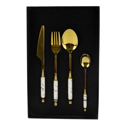 China Viable White Marbled Ceramic Premium Black Handle Stainless Steel Gold Fork Knife Spoon Dinner Cutlery Set for sale