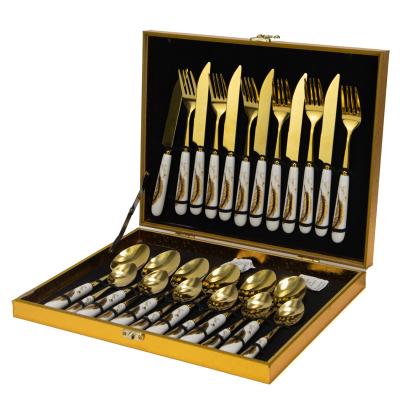 China Multi-piece Viable Modern Cutlery Ceramic Handle Stainless Steel Gold Stainless Steel Fork Knife Spoon Set With Luxury Gift Box for sale