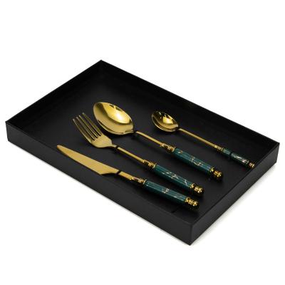 China Sustainable Christmas Stainless Steel Peacock Green Ceramic Handle Fork Spoon Knife Set For Great Family Gifts for sale