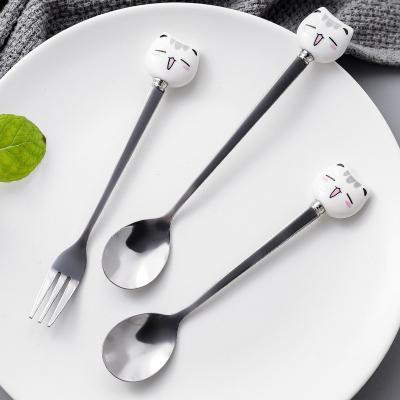 China Children Cartoon Creative Ceramic Stainless Steel Cat Soup Viable Coffee Stirring Fork Daily Home Spoon for sale