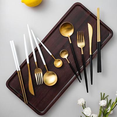 China Stocked High Quality Gold Flatware Set Two Tone Stainless Steel Cutlery for sale