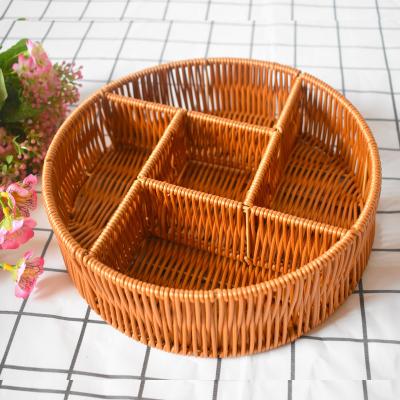 China Sustainable Hot Custom Round  Rattan Division Woven Storage Basket Snack Bread Fruit Picnic Food Plastic Storage Basket Wholesale for sale