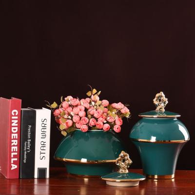 China Nordic-style Malachite Green Gold Plated Saucer Cover Jar Light Luxury Home Vase Decoration Storage Jar Flower Insert Wholes for sale