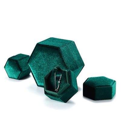 China Custom Small Green Hexagon Velvet Ring Earring Necklace Velvet Shipping Jewelry Boxes With Logo for sale