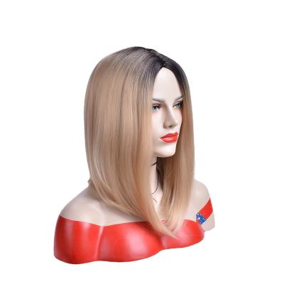 China European and American high temperature fiber Bob Hair Lace Wigs Medium short and long straight hair dyed gradient gold ladies wig and synthetic for sale