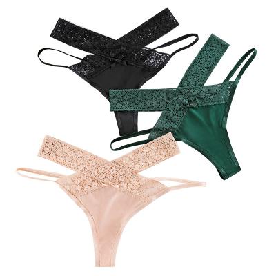 China Girls Ladies Women Breathable Ice Silk Thong Comfort Plus Size Panties Lace Up Low Waist Cross Underwear T Back Sexy Traceless Panties for sale