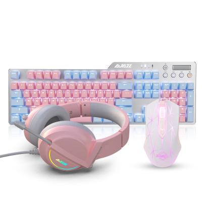 China For Keys Desktop 104 Mechanical Keyboard and Mouse Set, White Wired Backlight Gaming Keyboard and Mouse, RGB LED 7.1 Gaming Headset for sale