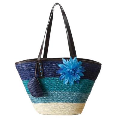 China Fashion Women Bohemia Flower Summer Bag Simple Package Knitted Straw Handbags Color Stripes Large Shoulder Beach Bag Tote Bags for sale