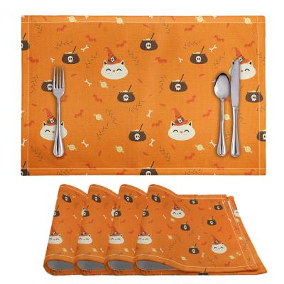 China Oilproof 6pcs Wholesale Halloween Cartoon Cat Skeletons Pumpkin Large Orange Cute Table Mat 100% Polyester Set Dining Table Mat for sale