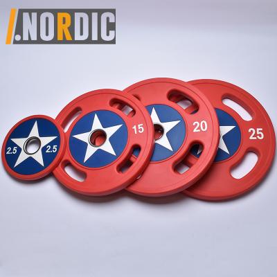 China Universal Color Polyurethane Bumper Plates 2 Inch Bumper Olimpic Weight Plate With Steel Insert Bumper Weights Set For Captain USA for sale