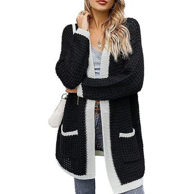 China Anti-pilling Women's Casual Striped Long Sleeve Cardigan Sweater Color Block Knit Front Sweater Coat With Open Pocket for sale