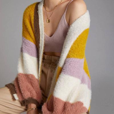 China Women's Clothing Factory Custom Made High Quality Women's Mesh Variegated Sweater Colorblocked Eyelash Breathable Cardigan for sale