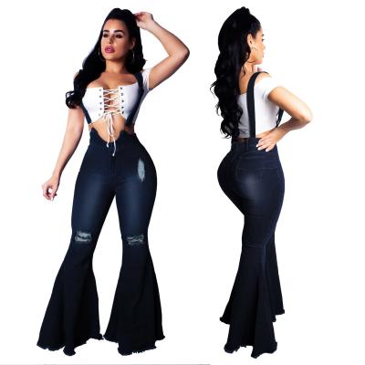 China QUICK DRY High Quality Maching Holes Women Jeans Overalls Plus Size Bell Bottom Denim Overalls for sale