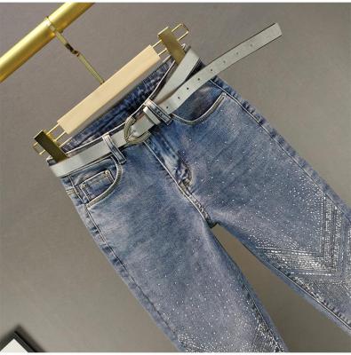 China High quality QUICK DRY jeans pants Diamond Casual Straight Rhinestone Letter V jeans for sale