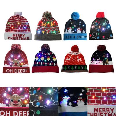 China Adult Christmas Led Flashing Light Knit 2020 New Years Santa Snowman Elk Elasticity Warm Soft Hat Adult Kids Xmas Party Hats for sale