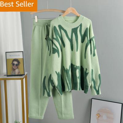 China Fashion Breathable Tie Dye Winter Knitted Two Piece Women's Oversized Loose Sweater And Pants Knitted Sportswear Suit Plus Size Sweaters for sale