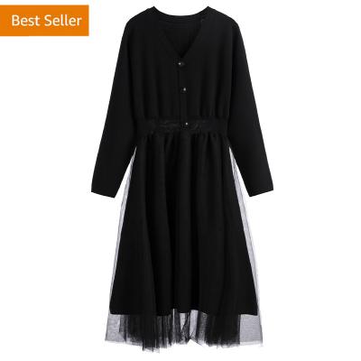 China Plus size 2021 autumn and winter new round neck dress party dress plus size sleeve mesh dress loose fashion women's wear along for sale