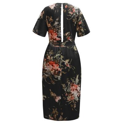 China New Plus Size Vintage Floral V-neck Dress Female Summer Short Sleeve Casual Short Sleeve Female Cheap Plus Print A Line High Waist Women Dress for sale