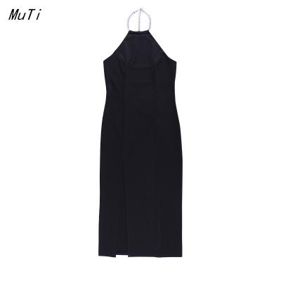 China Washable chainstitch neck skirt women's hanging European and American CIA fashion back show temperament slim black dress for sale