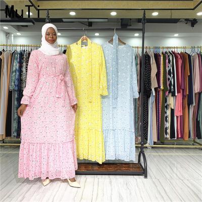 China Dubai Muslim Dress 2021 Elegant Multicolor Floral Print Long Sleeve Ruffles Long Muslim Dress S-2XL for sale