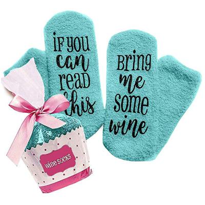 China Antibacterial If You Can Read This Bring Me Wine Fuzzy Funny Saying Glue Crew Wine Anti Slip Socks For Women Men for sale