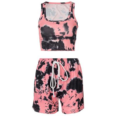 China 2021 New Style High Waist Short Set Tie Dye Upper Casual Two Piece Set Women Vest Crop Sports Fitness Suit CL0209 for sale