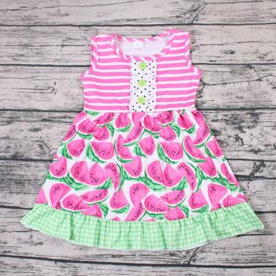 China Viable Pink Stripe Ruffle Flower Watermelon Dress Baby Dresses Kids Summer Clothes Girls Chiffon Dresses for sale