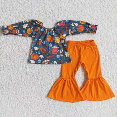 China Sweet Wholesale No Moq Pumpkin Pattern Children Sets Hot Sales Children Use Bell Bottoms Baby Outfits for sale