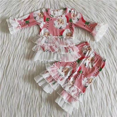 China High Quality Santa Claus Stripes Baby Soft O-Neck Outfit Ruffles Fit Little Girls Outfits RTS Kids Daily Wear for sale