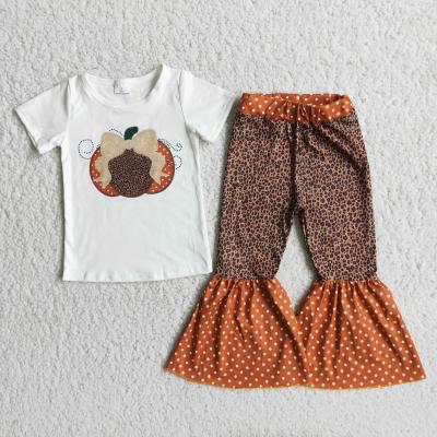 China Wholesale RTS boutique girls dress sets children's clothing sets bell bottom leopard pumpkin casual top pants outfits for sale