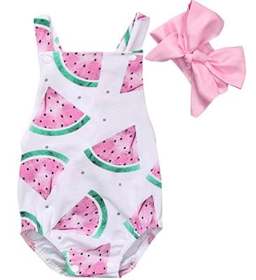 China Short Sleeve Babies Watermelons Print Backless Romper With Headband for sale