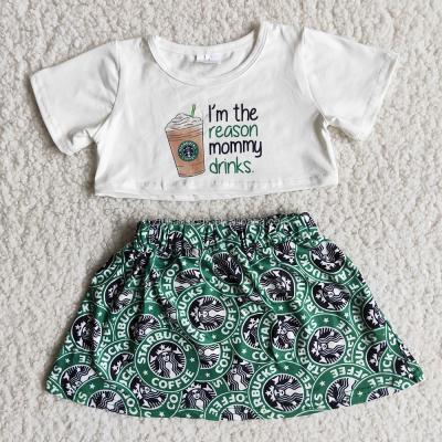 China RTS boutique summer anti-static girls grow tee coffee design top skirt outfits babies 2pcs wholesale clothing set no moq for sale