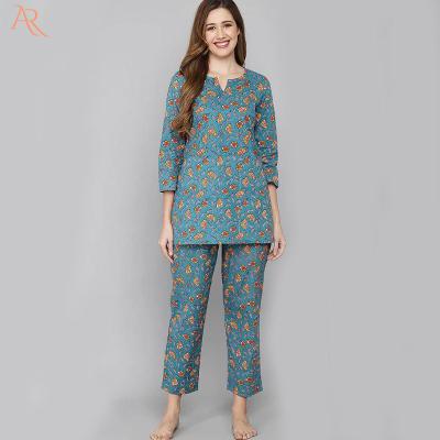 China QUICK DRY Casual Sleepwear Women Cotton Yellow Floral Print Loose Night Suit Ladies for sale