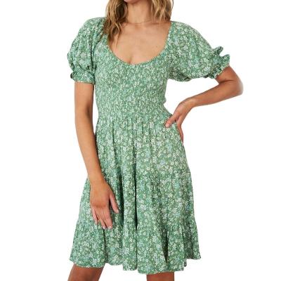 China New anti-static women's mini dress with green flower puffy sleeves for sale