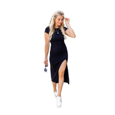 China Anti-Static Short Sleeve Round Neck Side Split Brushed Knit Black T Shirt Midi Dress Women Plus Size Dresses for sale