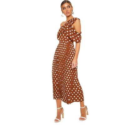 China Anti-Static Polka Dot One Shoulder Ruffle Detail Pleated Dress Women Midi Dress for sale