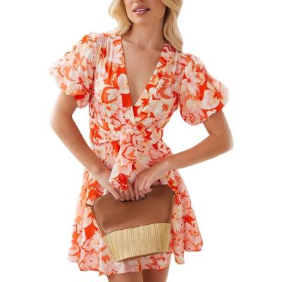 China Fashionable 100% Floral Print Anti-Static Women's V-Neck Sleeve Shorts Rayon Wrap Tie Dress for sale