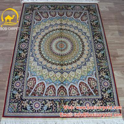 China Henan anti-slip Bosi 4' x6 blue color textile small red Turkish silk rugs handmade domestic persian lowe price silk rugs for sale