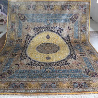 China Persian/Turkish Henan Bosi 9'x12' Hand Knotted Yellow & Blue Oriental Silk Carpet Modern Home Decor 100% Silk Carpet for sale