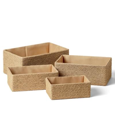 China Viable Handmade Woven Basket Bin Storage Boxes For Makeup Cabinet Bathroom Bedroom Paper Rope Woven Storage Basket for sale