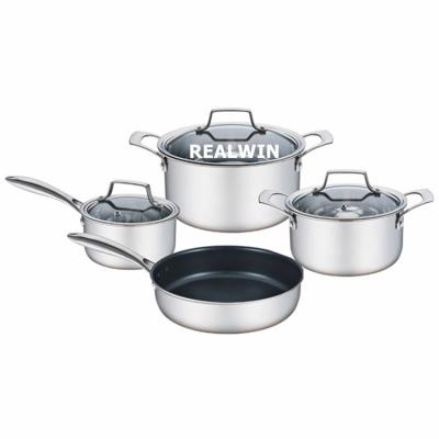 China 7 Pcs 3 Triple Sustainable European Kitchenware Stainless Steel Pot And Frying Pan Non-Stick Cookware Set for sale